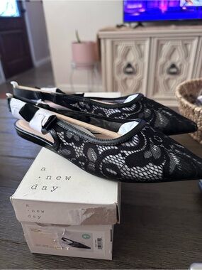 a new day Black Lace Slingback Pointed Toe Flats